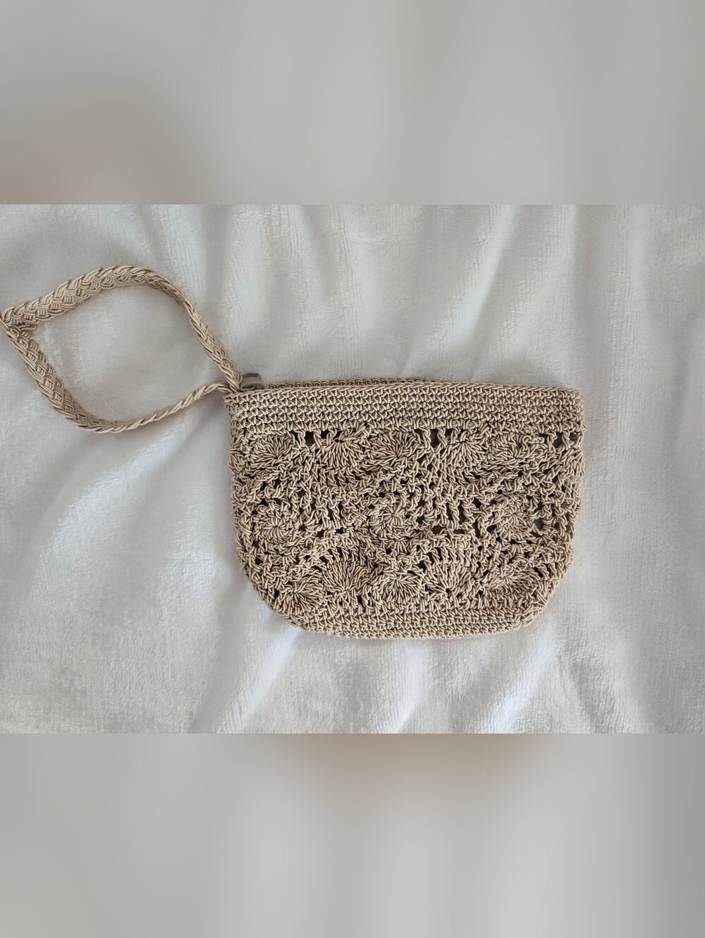 Vtg Y2K Kathie Lee Collection Crocheted Wristlet Bag Beige Boho Cottagecore Zip